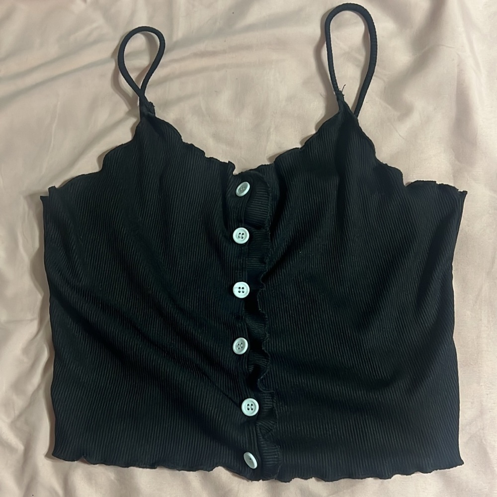 Black Ribbed Button-Up Crop Top
